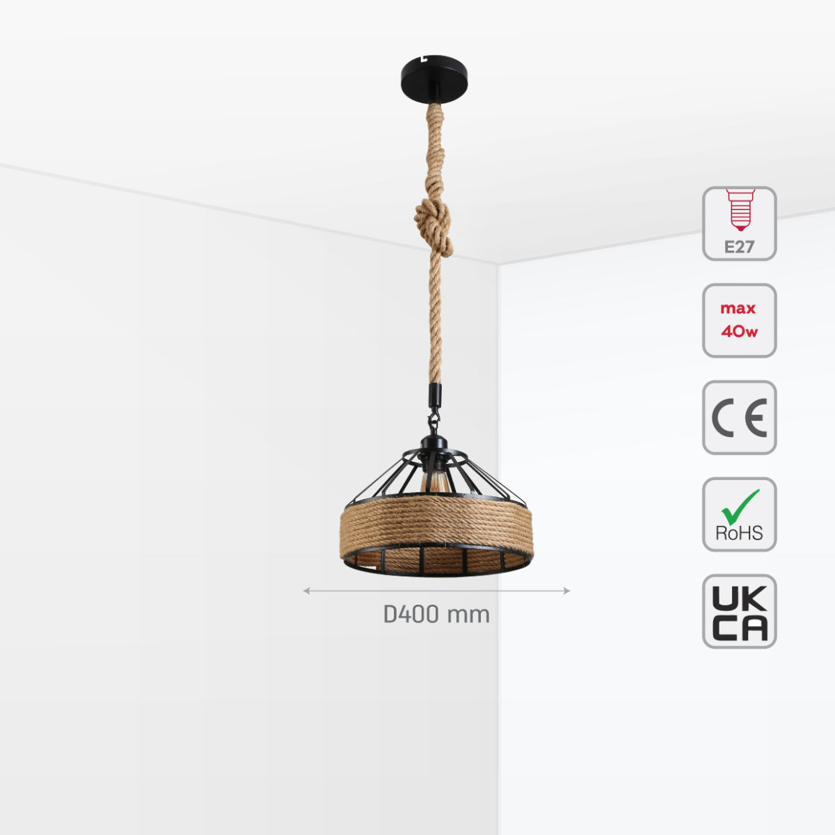 Lámpara de techo tipo jaula de metal negro con cuerda de yute, ideal para espacios rústicos y modernos como comedores o cocinas.