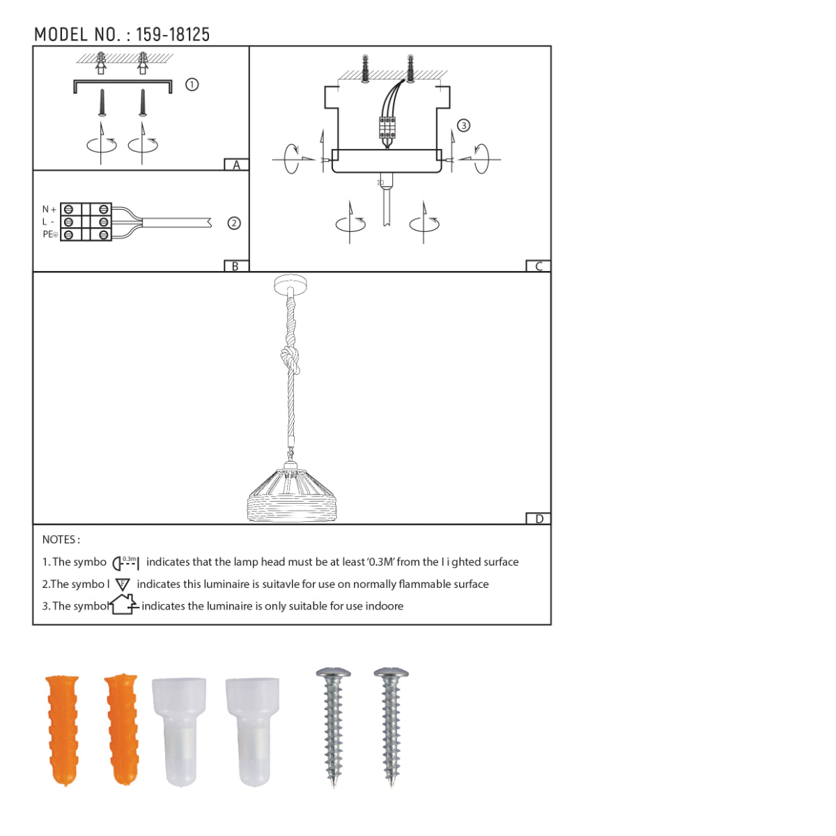 Dibujo técnico de lámpara colgante de metal negro y cuerda de yute, detallando dimensiones y especificaciones de instalación.