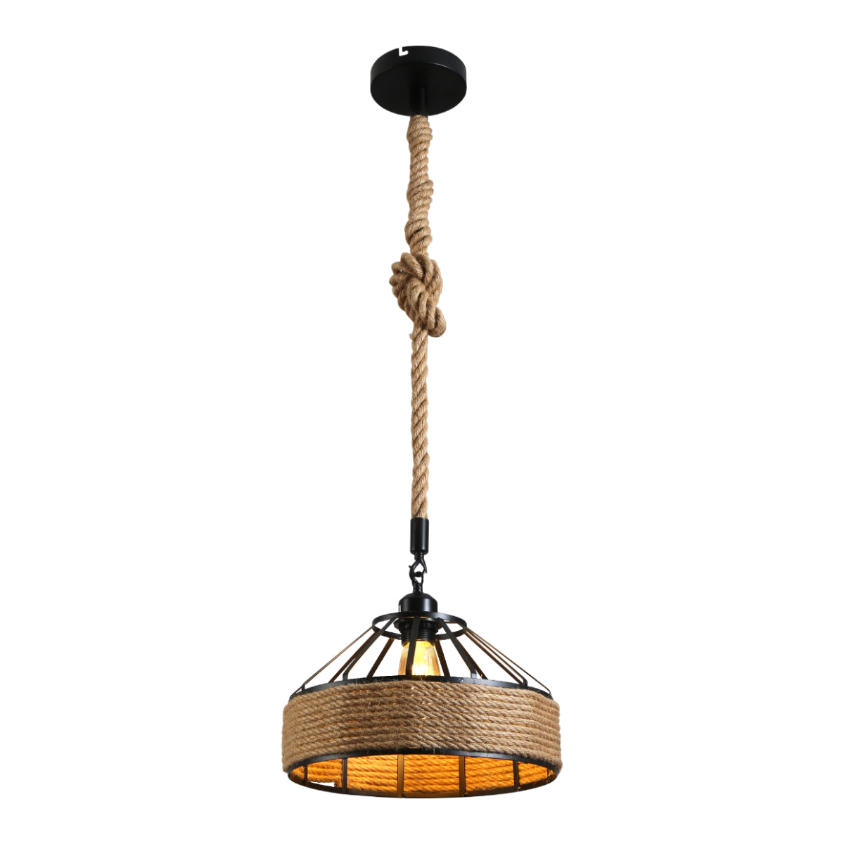 Lámpara colgante de metal negro con jaula de cuerda de yute, perfecta para espacios industriales y comedores modernos.