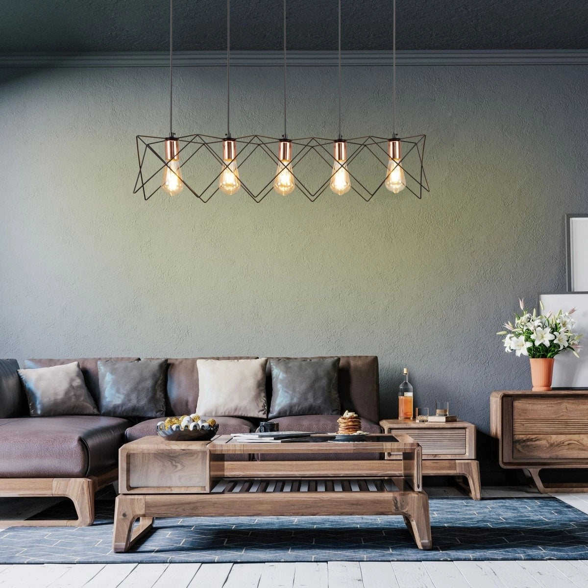 Black metal caged island chandelier with 5xe27 fitting in indoor setting living room usage