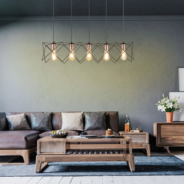 Black metal caged island chandelier with 5xe27 fitting in indoor setting living room usage