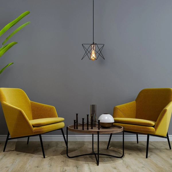 Black metal caged pendant light with e27 fitting in indoor setting reading room waiting room living room
