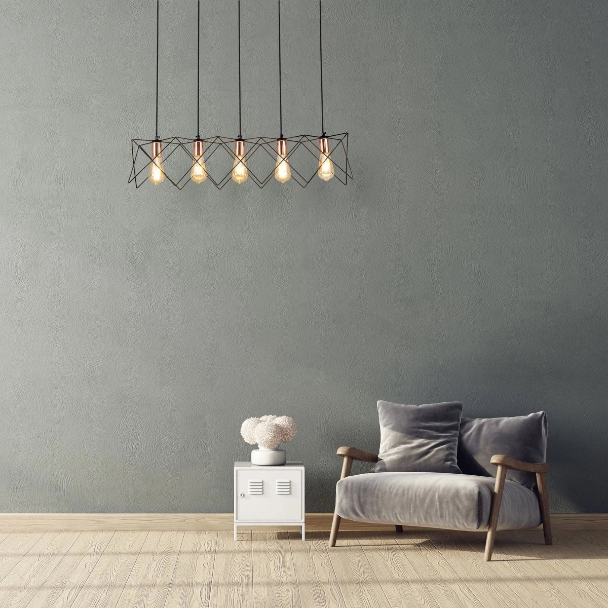 Black metal caged island chandelier with 5xe27 fitting in indoor setting reading room living room