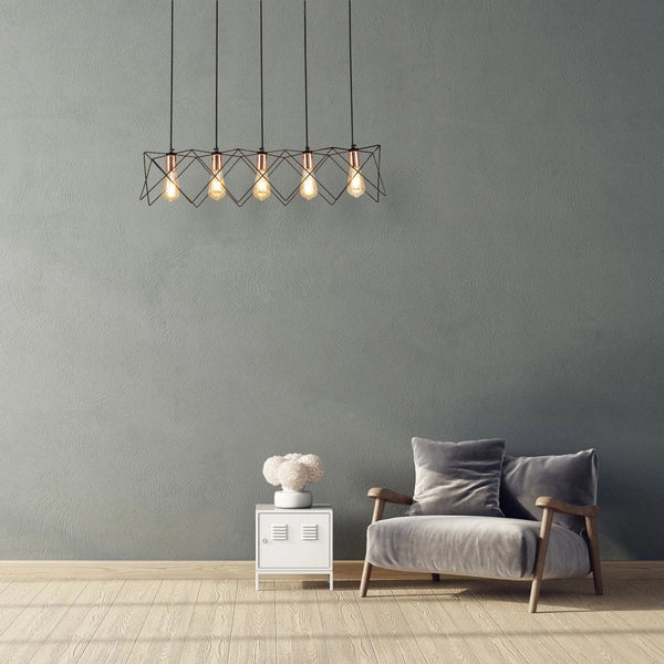 Black metal caged island chandelier with 5xe27 fitting in indoor setting reading room living room