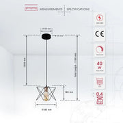 Product dimensions of black metal caged pendant light with e27 fitting