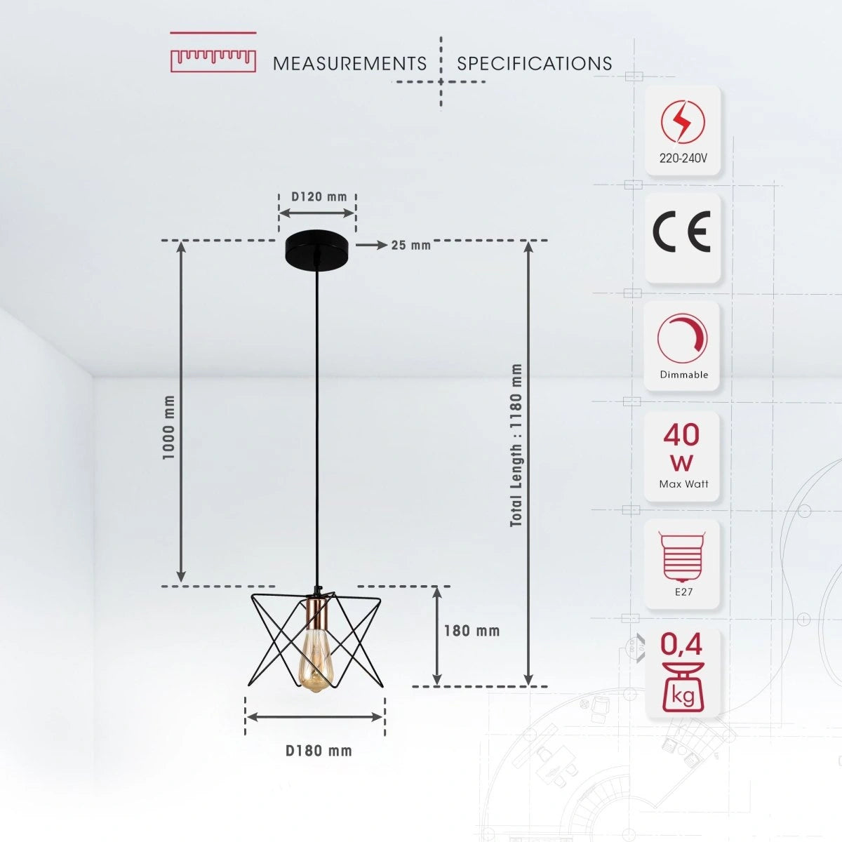 Product dimensions of black metal caged pendant light with e27 fitting