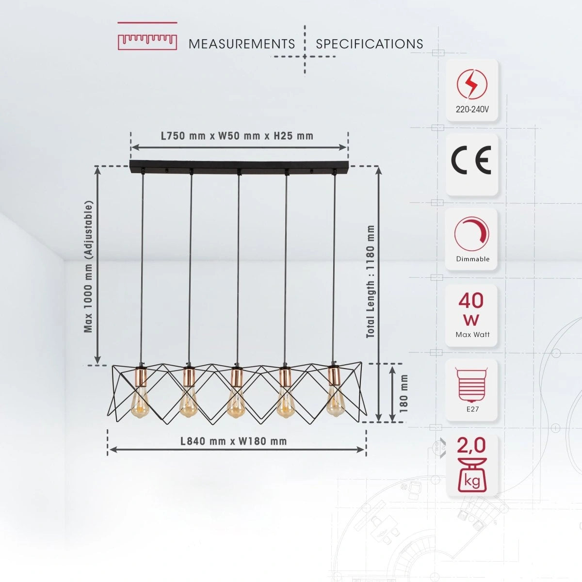 Product dimensions of black metal caged island chandelier with 5xe27 fitting