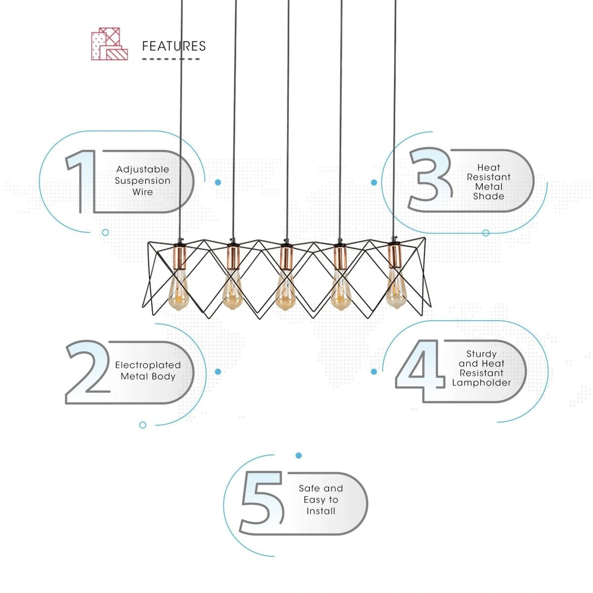 Features of black metal caged island chandelier with 5xe27 fitting