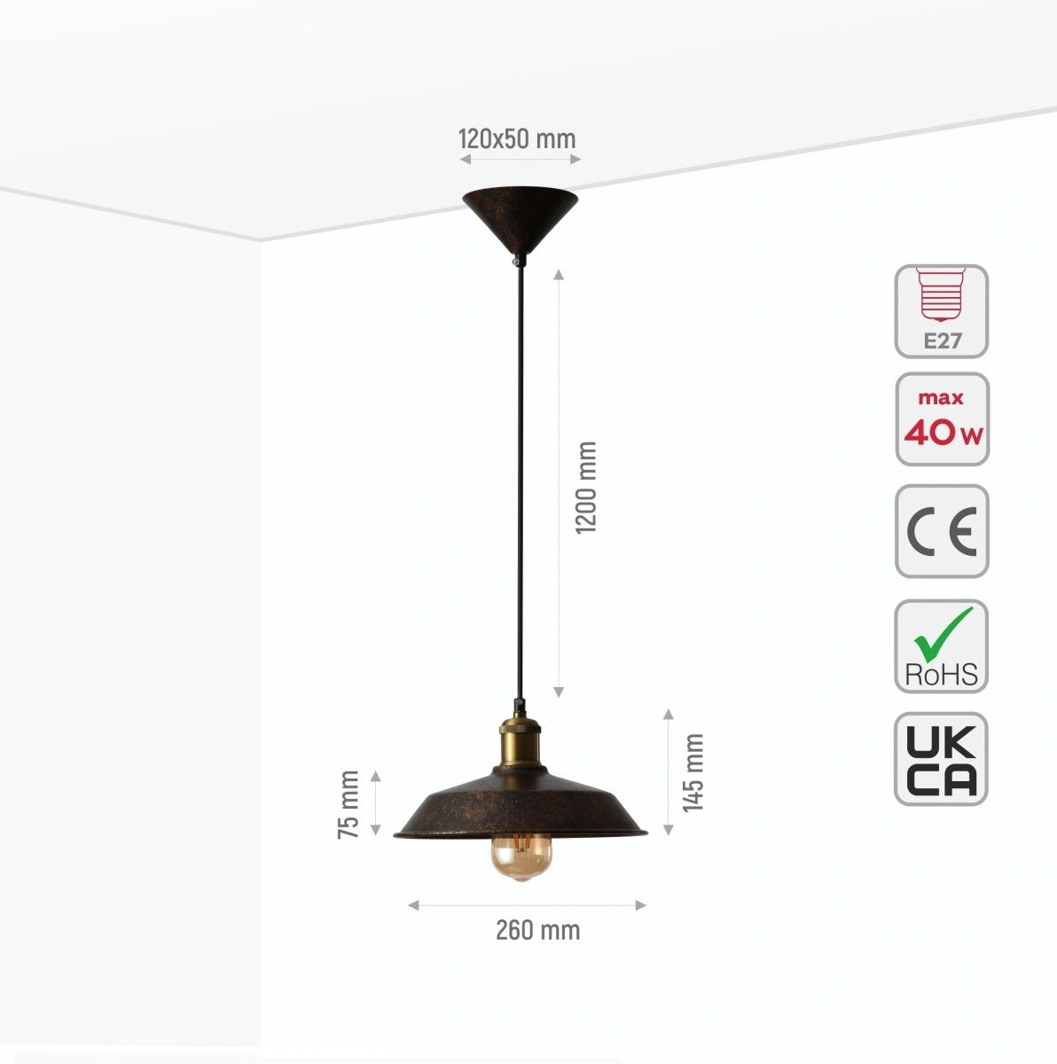 Product dimensions of rusty brown metal step flat pendant light s e27 150-18180