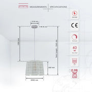 Product dimensions of white metal frustum pendant light square pattern with e27 fitting