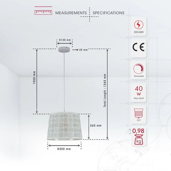 Product dimensions of white metal frustum pendant light square pattern with e27 fitting