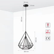 Size and specs of Black Wire Opal Shade Caged Funnel Pendant Ceiling Light with E27 | TEKLED 150-17746