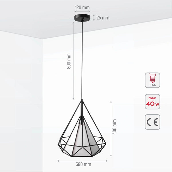 Size and specs of Black Wire Opal Shade Caged Funnel Pendant Ceiling Light with E27 | TEKLED 150-17746