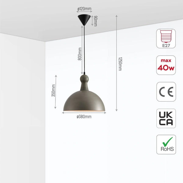Size and specs of Antique Grey Brass Dome Metal Pendant Ceiling Light with E27 Fitting D380 | TEKLED 150-181110