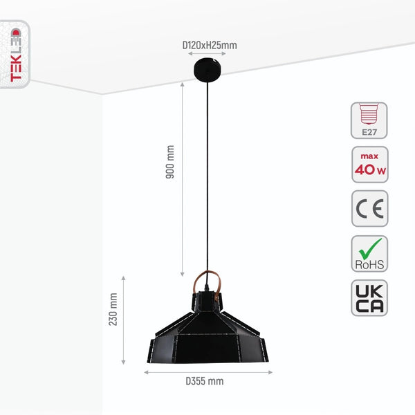 Size and specs of Esagono Midi Black Metal Pendant Light with E27 Fitting | TEKLED 159-17358