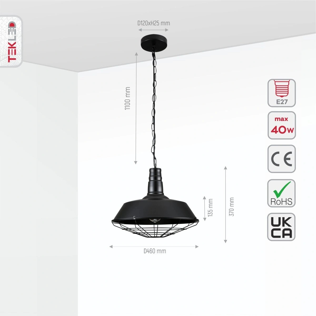 Size and specs of Black Step Caged Industrial Metal Ceiling Pendant Light with E27 Fitting | TEKLED 150-18362