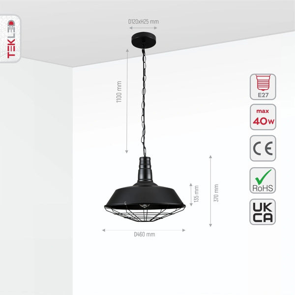 Size and specs of Black Step Caged Industrial Metal Ceiling Pendant Light with E27 Fitting | TEKLED 150-18362