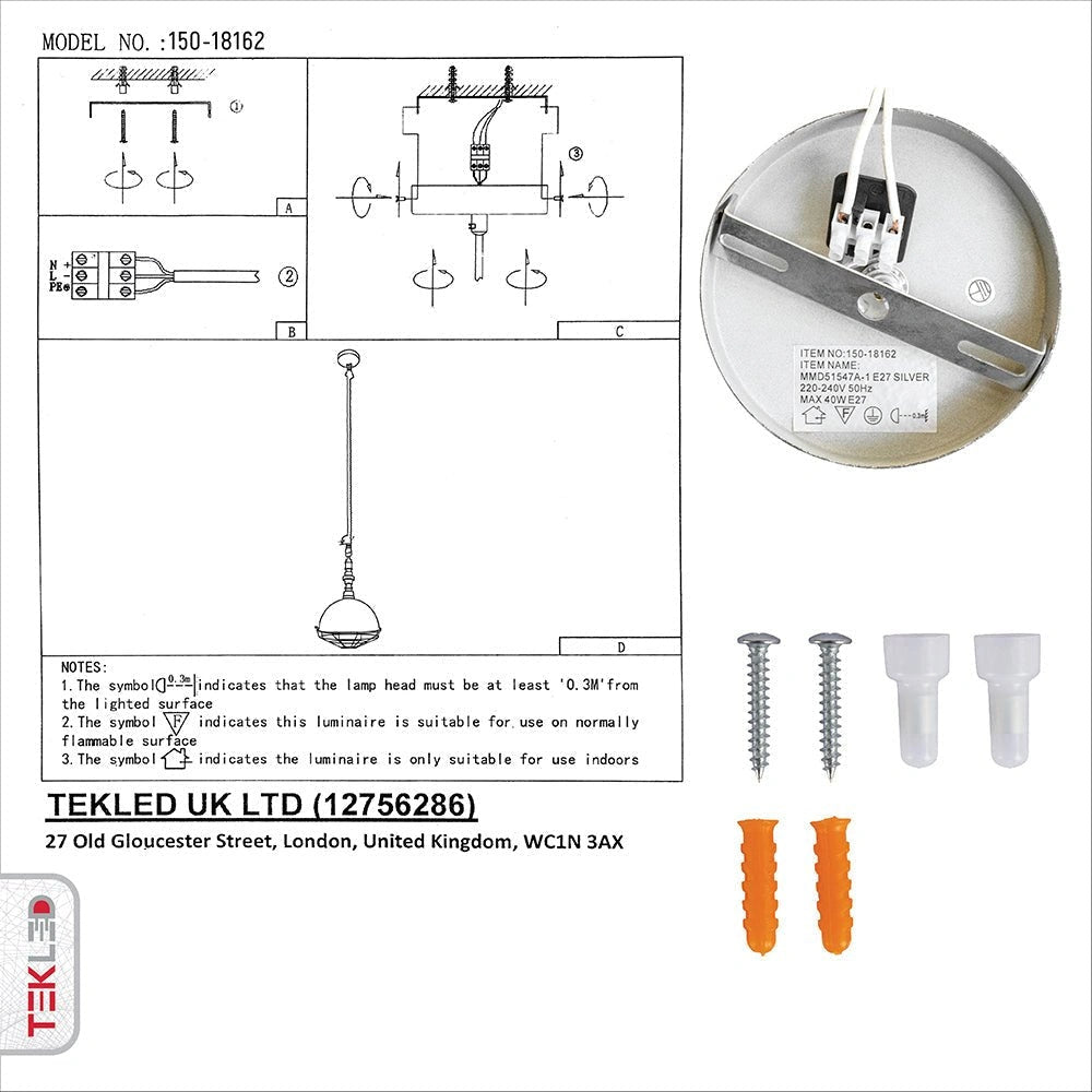 User manual and box content of silvery grey metal caged dome pendant light with e27 fitting