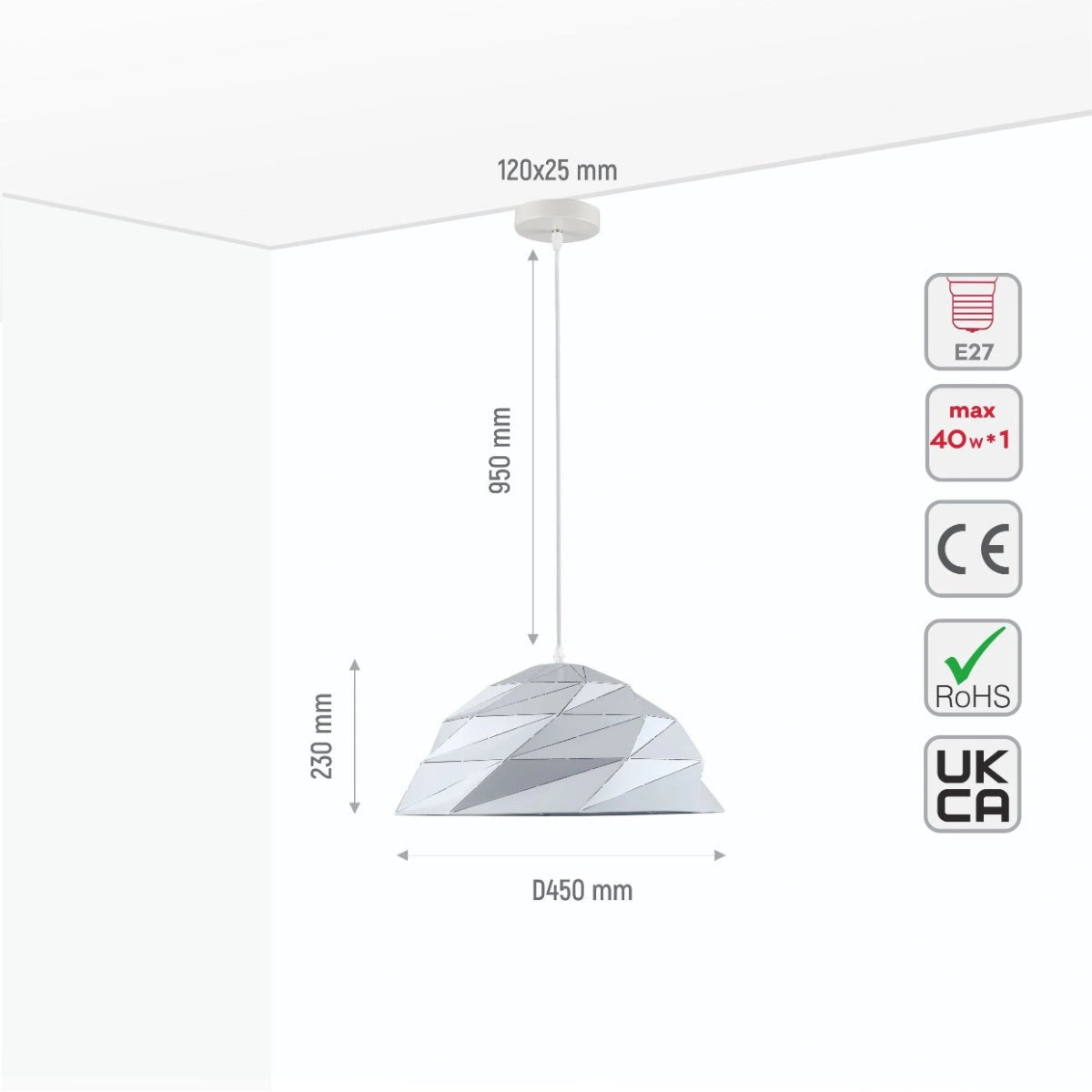 Size and specs of White Metal Laser Cut Dome Modern Pendant Light D450 with E27 Fitting | TEKLED 150-18148