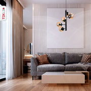 More interior usage of Spiral Amber Globe Glass Black Metal Body Modern Chandelier with 6xE27 Fittings | TEKLED 159-17402