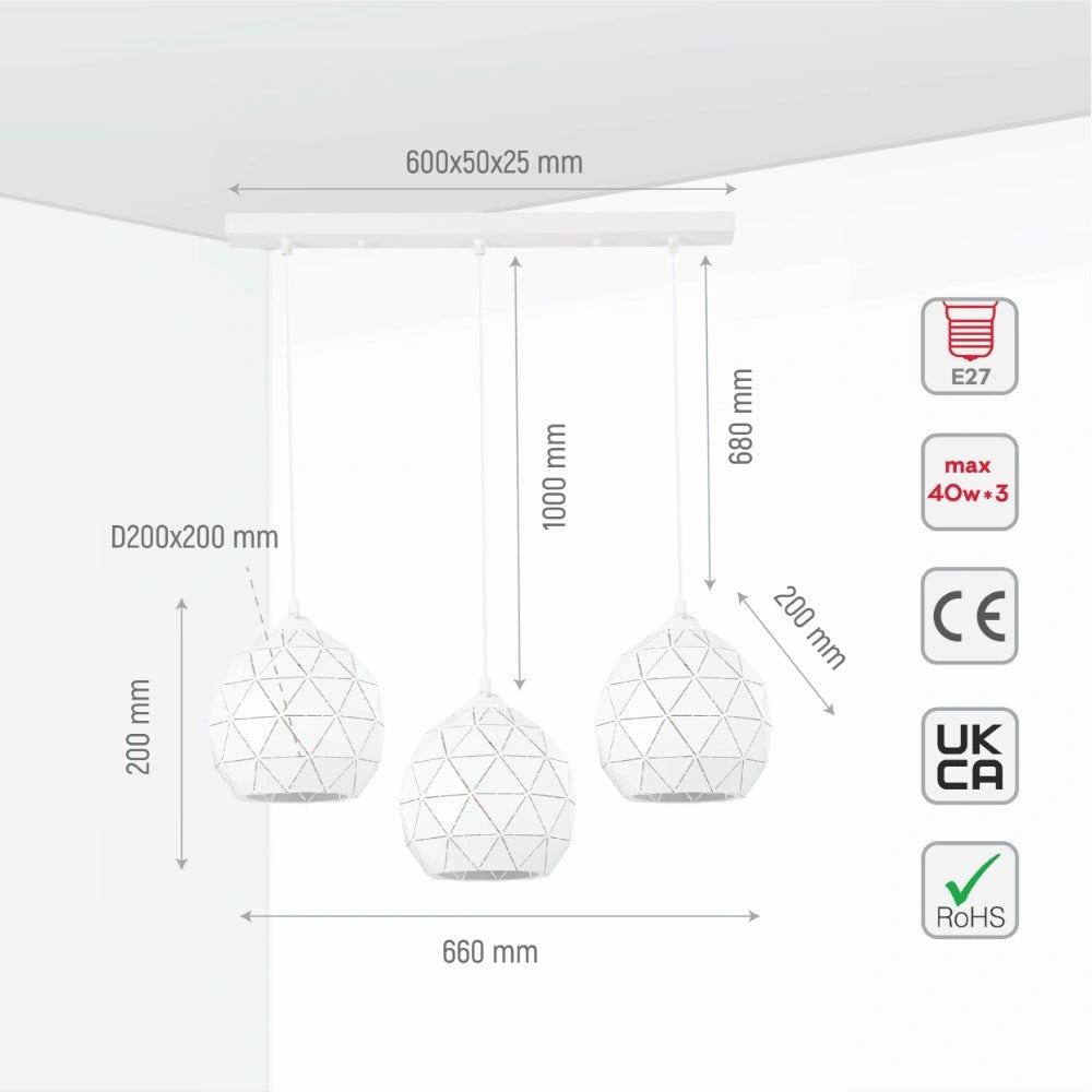 Size and specs of White Metal Laser Cut Dome Kitchen Island Pendant Ceiling Light Small with 3xE27 Fittings | TEKLED 158-19720