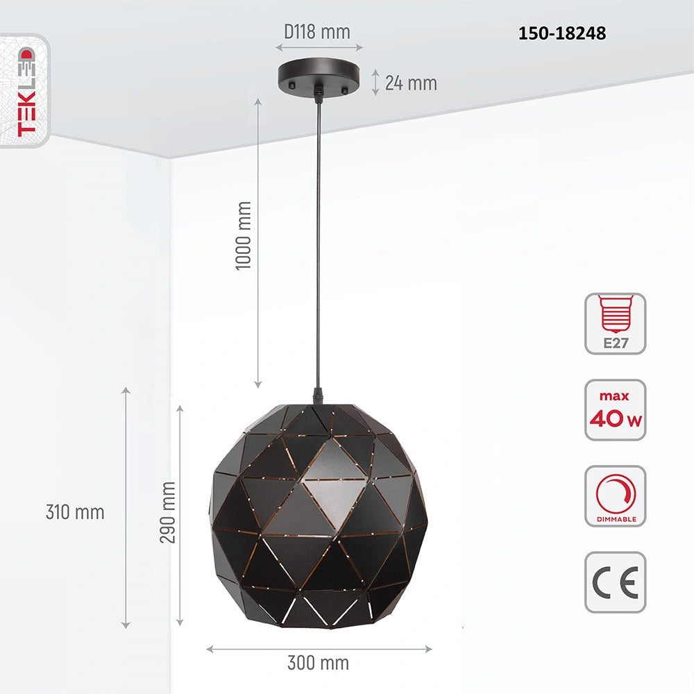 Product dimensions of black-golden metal globe pendant light with e27 fitting