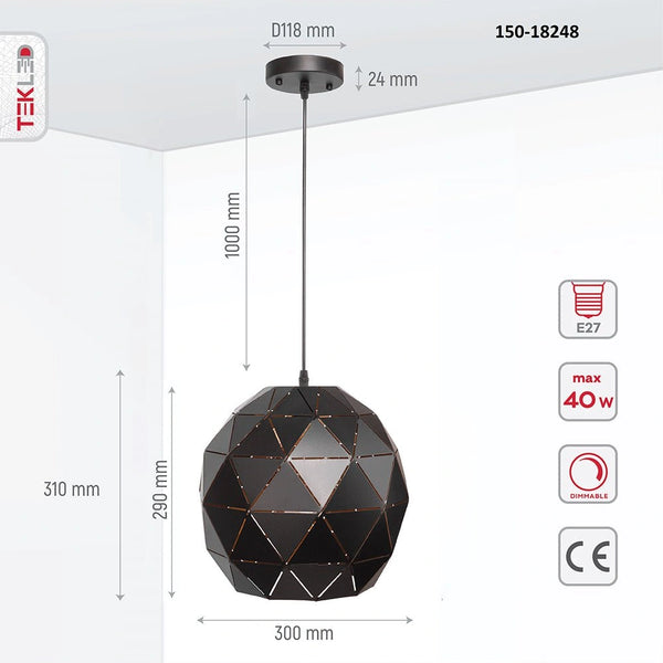 Product dimensions of black-golden metal globe pendant light with e27 fitting