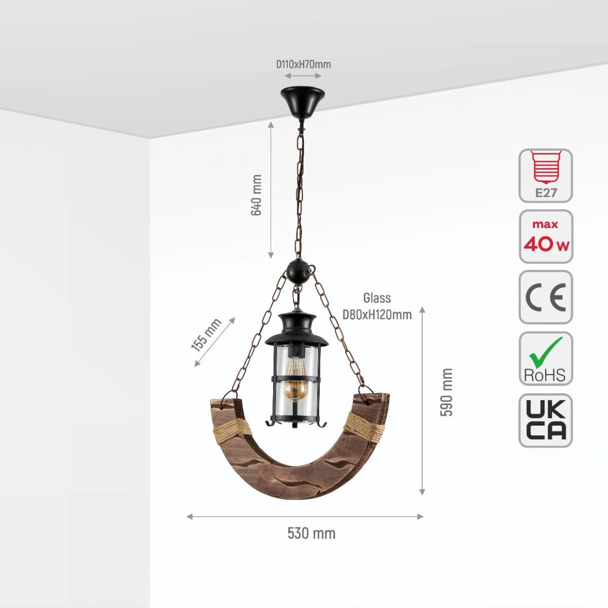 Size and specs of Crescent Wood Glass Cylinder Shaded Rustic Farmhouse Nautical Pendant Ceiling Light E27 | TEKLED 159-17848