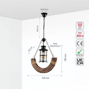Size and specs of Crescent Wood Glass Cylinder Shaded Rustic Farmhouse Nautical Pendant Ceiling Light E27 | TEKLED 159-17848