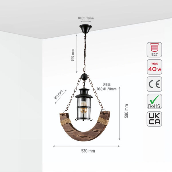 Size and specs of Crescent Wood Glass Cylinder Shaded Rustic Farmhouse Nautical Pendant Ceiling Light E27 | TEKLED 159-17848