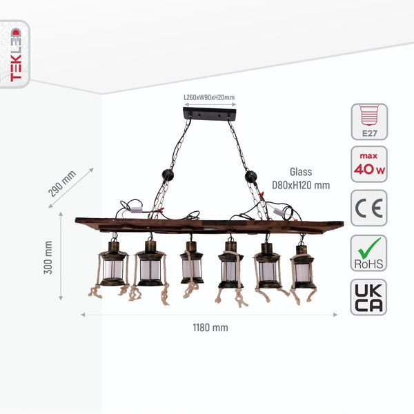 Size and specs of Sailor Wood Board Marine Island Chandelier with 6xE27 Lamp and 3 LED Light | TEKLED 150-18101