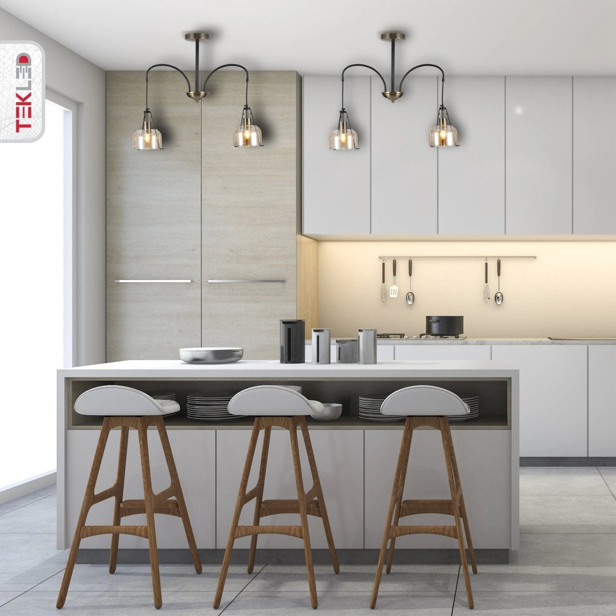 Amber Glass Black And Antique Brass Suspended Ceiling Light 2Xe27 in indoor setting kitchen island top