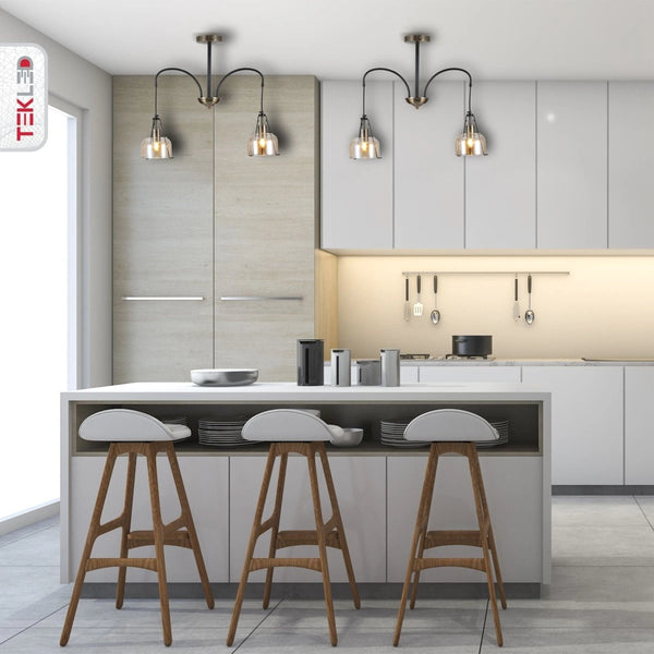 Amber Glass Black And Antique Brass Suspended Ceiling Light 2Xe27 in indoor setting kitchen island top