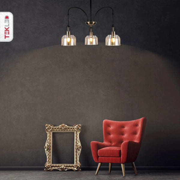 Amber Glass Black And Antique Brass Suspended Ceiling Light 3Xe27 in indoor setting living room lobby