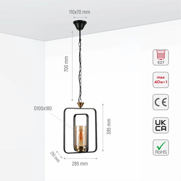 Size and specs of Black Metal Cage Body Amber Cylinder Glass Pendant Ceiling Light with E27 Fitting | TEKLED 159-17440