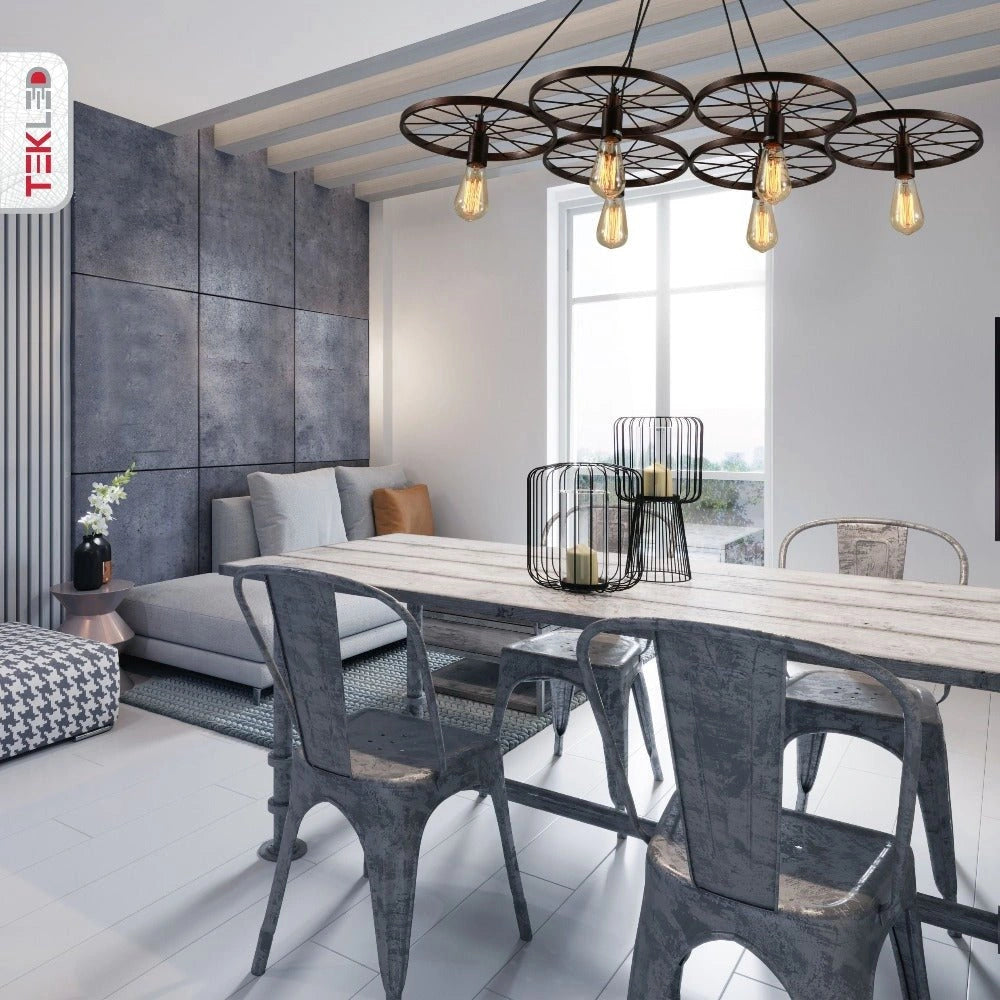 Interior application of Vintage Industrial Wagon Wheel Pendant Light with 6xE27 Fitting | TEKLED 158-17896