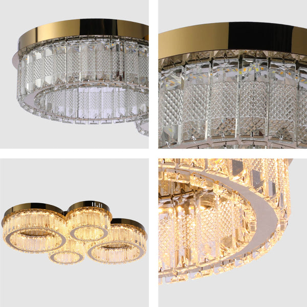 Lámpara de techo de cristal de anillos cuádruples, perfecta para salones modernos, con control remoto y tres temperaturas de color.