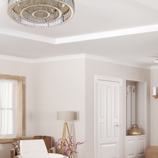 Candelabro de techo de anillos anidados de cristal, ideal para comedores modernos, con control remoto y luz ajustable de tres colores.