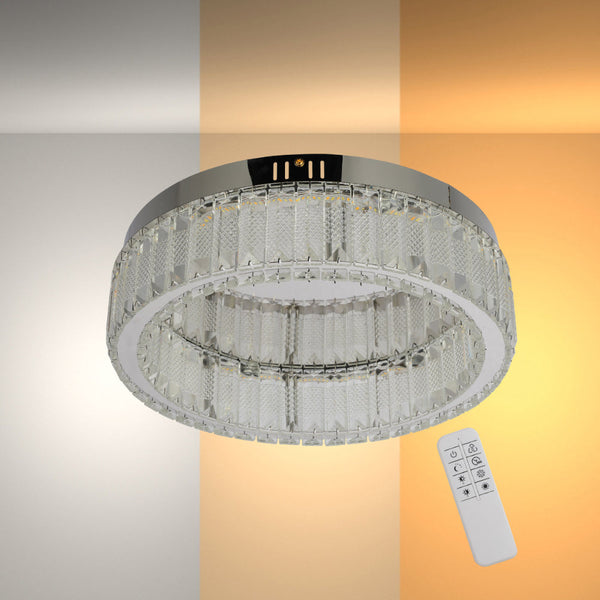 Lámpara de techo tipo chandelier con cristal y cromo, ideal para salones modernos, control remoto y luz de tres colores.