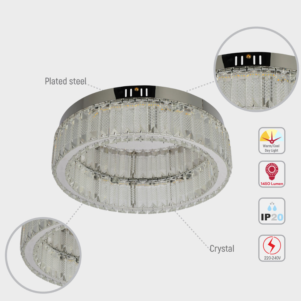Aplique de techo circular de cristal y cromo, ideal para salas modernas, con control remoto y luz en tres colores.