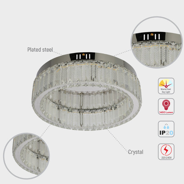 Aplique de techo circular de cristal y cromo, ideal para salas modernas, con control remoto y luz en tres colores.