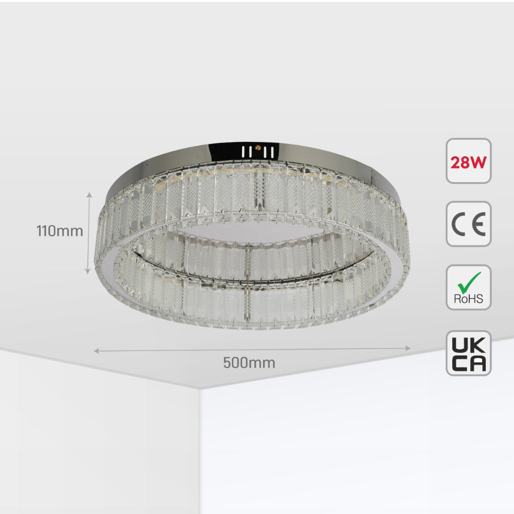 Luz de techo empotrada en cromo con cristales, ideal para salones modernos, con control remoto y tres colores de luz.