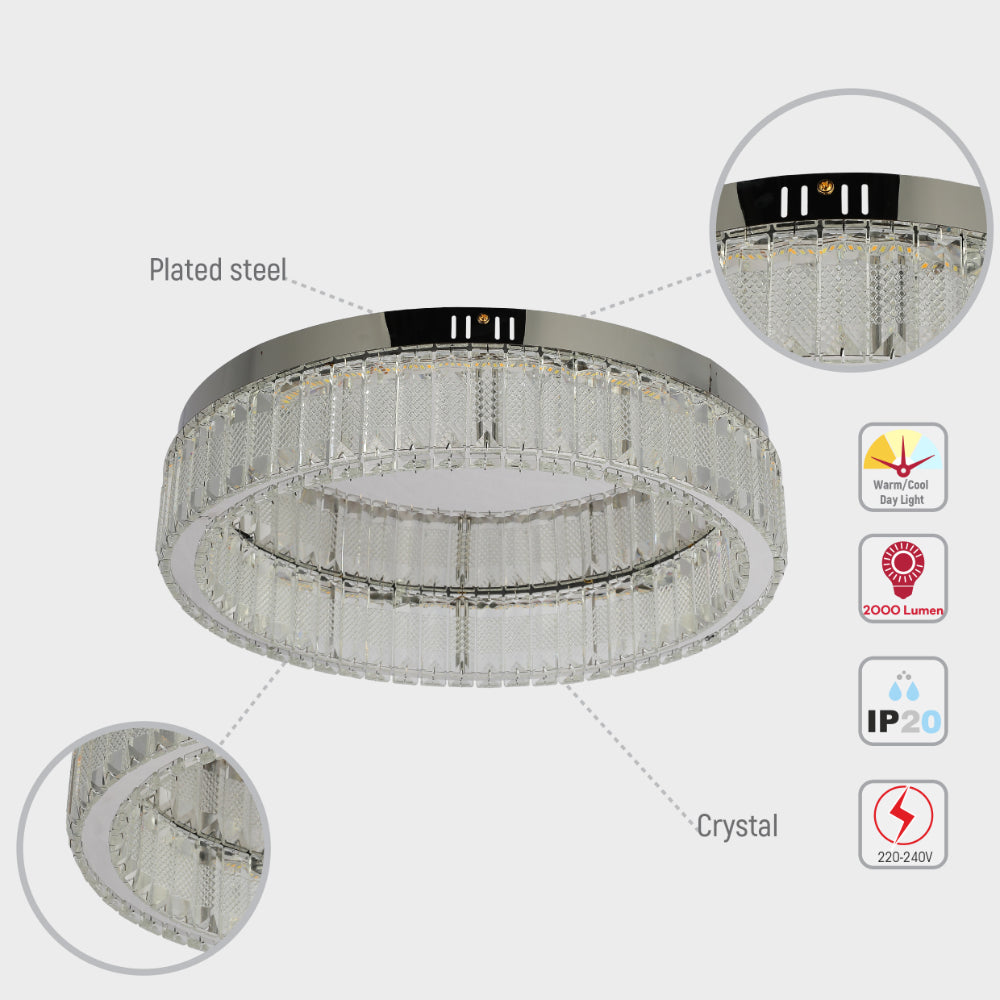 Candelabro de techo en cromo y cristal, ideal para salones modernos, con control remoto y tres colores de luz.