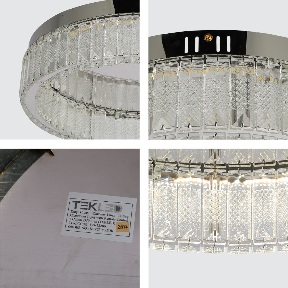 Luz de techo flush con anillo de cristal y cromo, ideal para salas modernas, control remoto y ajuste de tres colores.