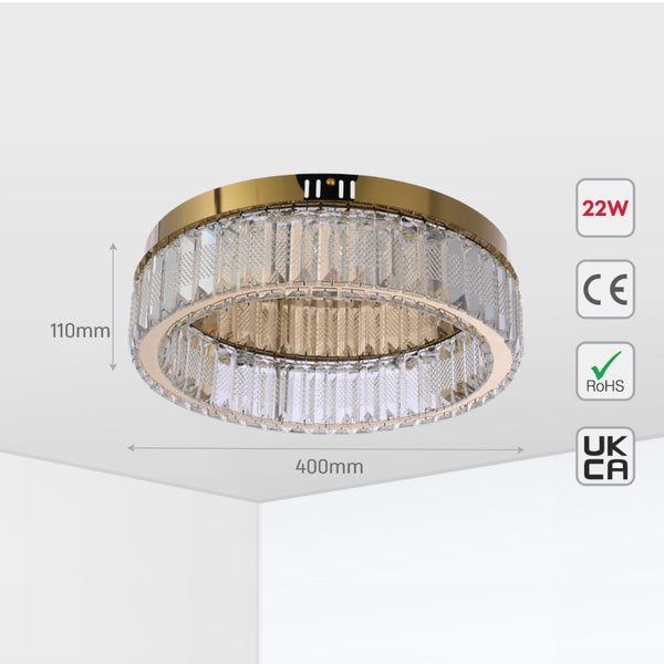 Luz de techo de cristal en anillo dorado, perfecta para salones modernos; control remoto y tres temperaturas de color.