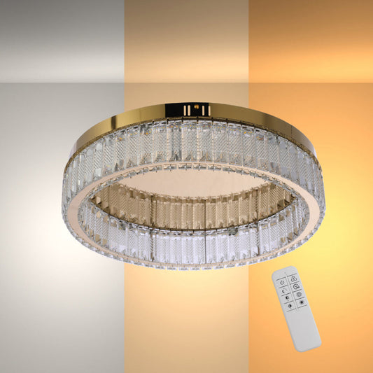 Lámpara de techo circular de cristal y dorado, perfecta para salones modernos, con control remoto y tres opciones de color.