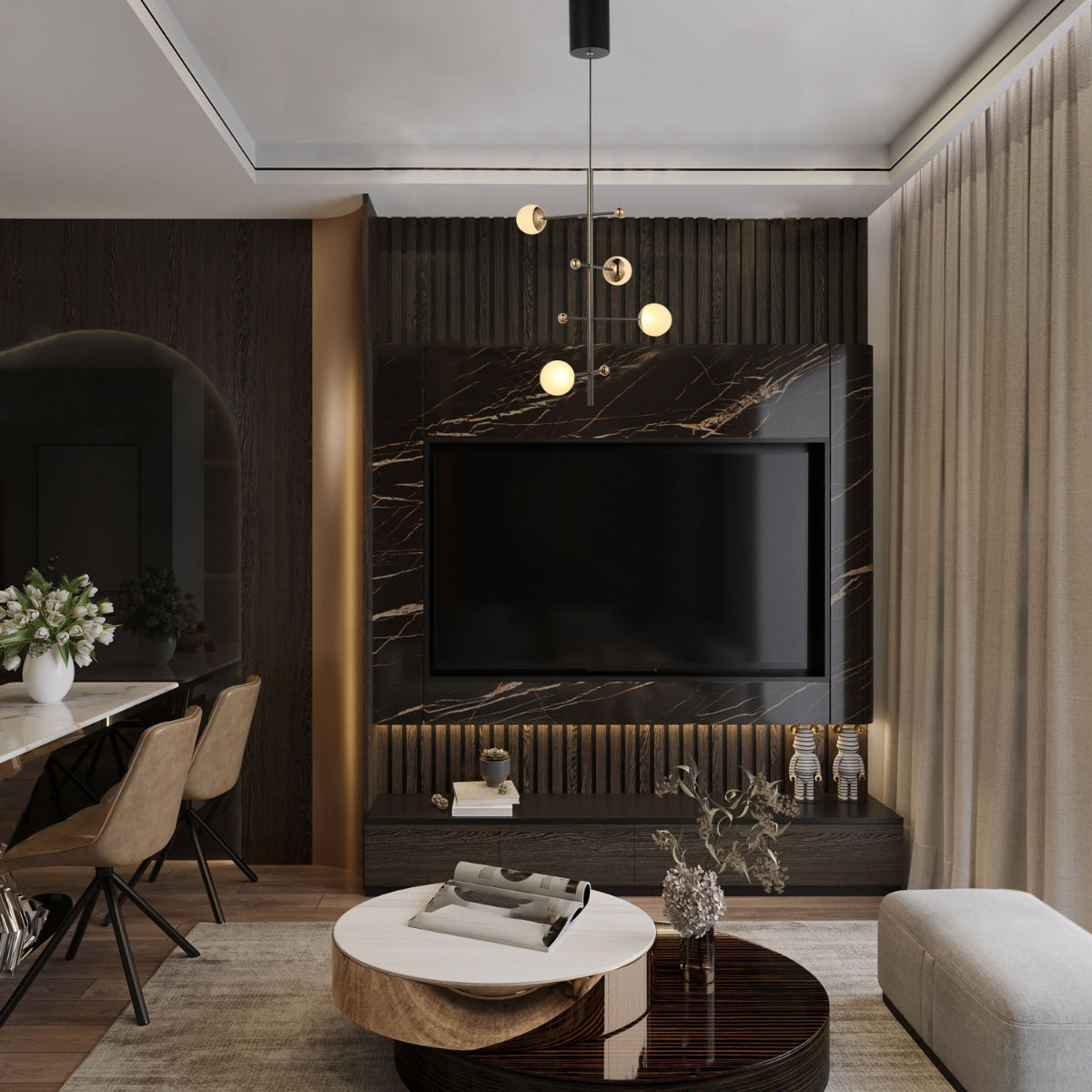 Imagen de un candelabro moderno de gran tamaño, ideal para techos altos en comedores de estilo contemporáneo.
