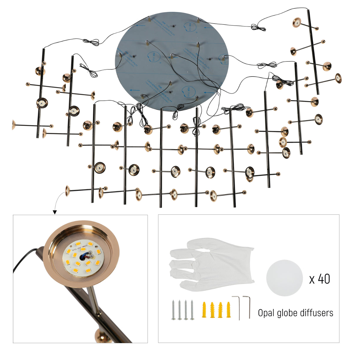 Chandelier moderno de oro, ideal para comedores espaciosos con decoración contemporánea y elegante.