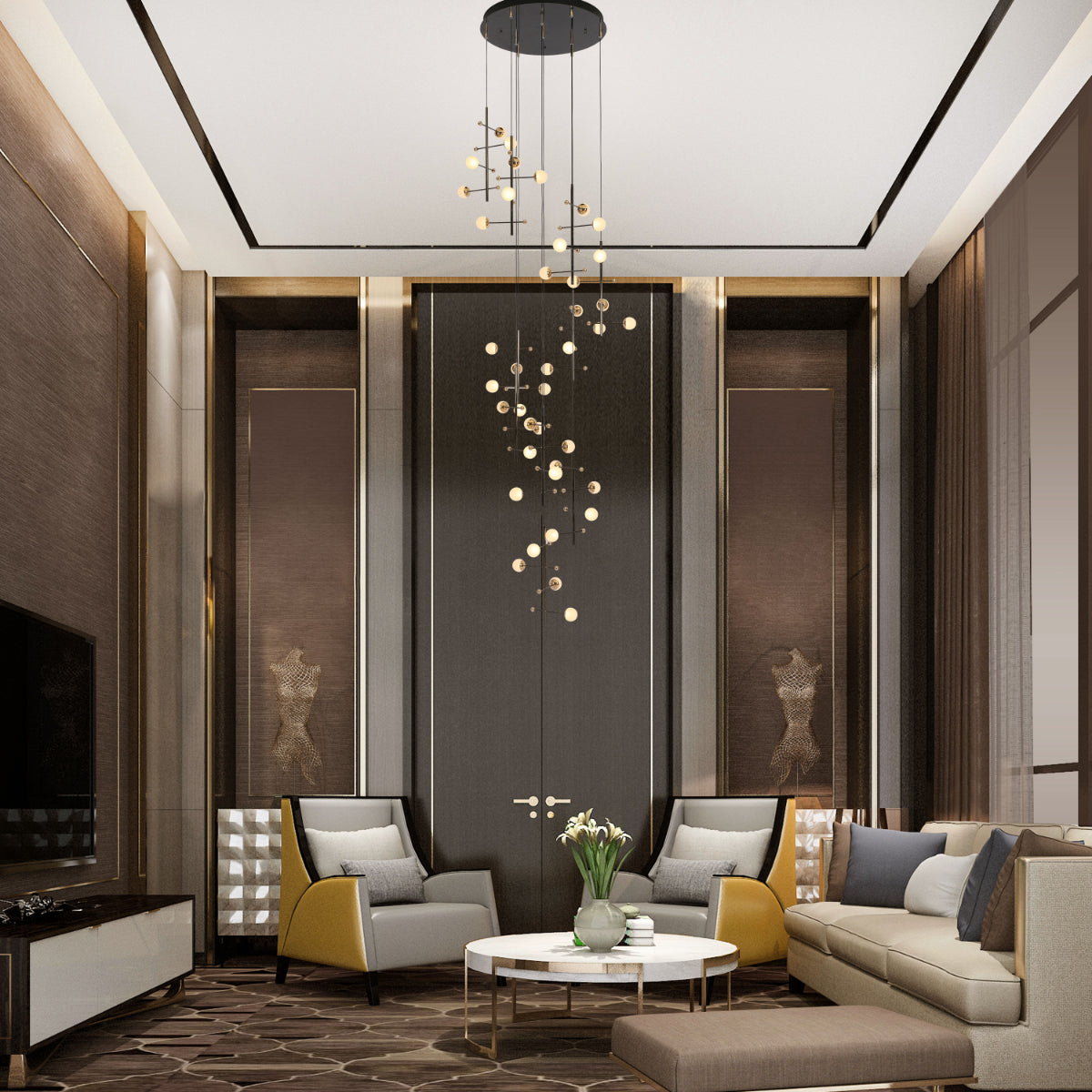 Lámpara de araña moderna de oro iluminando un amplio comedor con decoración contemporánea, perfecta para realzar el estilo elegante.