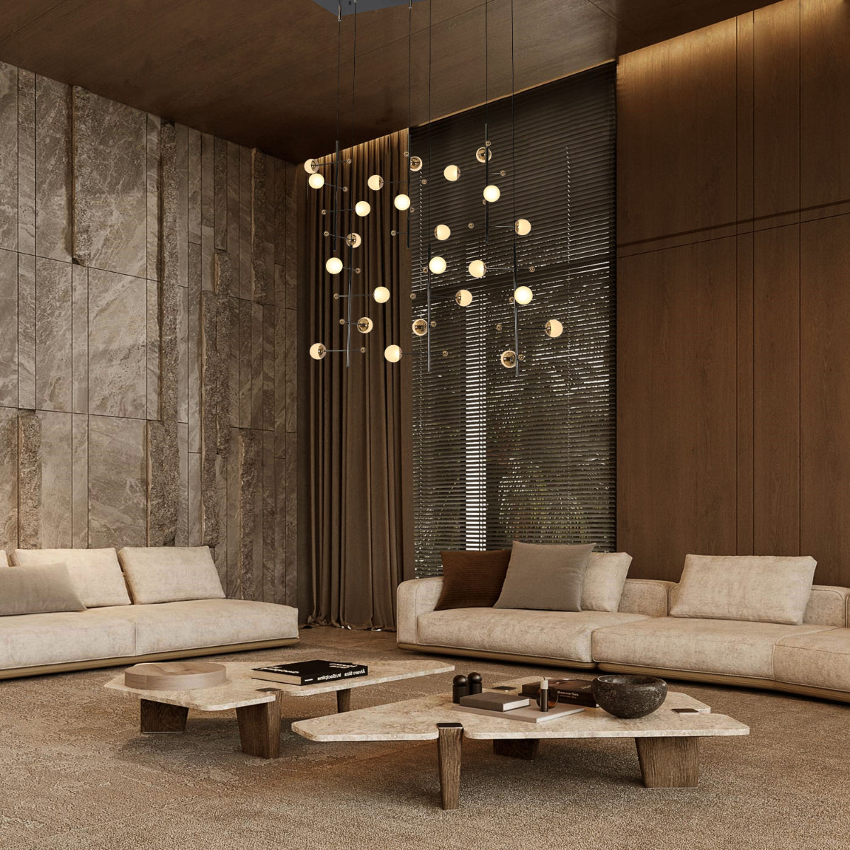 Lámpara de araña moderna de oro, perfecta para salones elegantes con decoración contemporánea, brindando un toque de lujo.